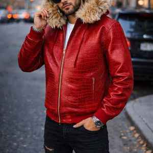 Men's Genuine Leather <b>Hooded</b> <b>Jacket</b> Red Crocodile Embossed <b>Fur</b> Hood Winter Bomber <b>Jacket</b> Custom - Product Image 1