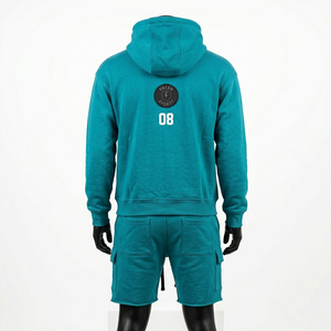 High quality cotton rich fleece hoodie and shorts <b>men</b> set teal with puff print logo custom streetwear Hoodie Short Set <b>men's</b> - Product Image 4