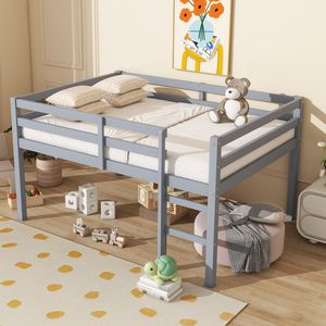 Cama Alta de Madera de Caucho Gris de Tamaño Completo con Escalera y Construcción Metálica Resistente - Product Image 5