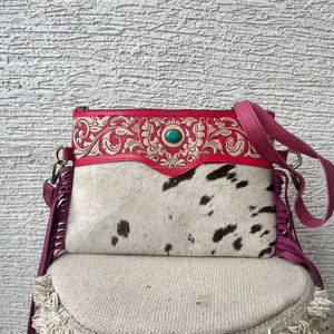 New Women Fashionable Cute Pink Tooled Genuine Leather Crossbody Handbag Stylish Hairon With Turquoise Stone Designer Fringe bag - Product Image 5