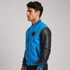 Men's Blue Varsity <b>Jacket</b> Black Leather Sleeves Embroidered <b>Star</b> Front Button Closure Casual Autumn Wear Regular Fit - Product Image 3