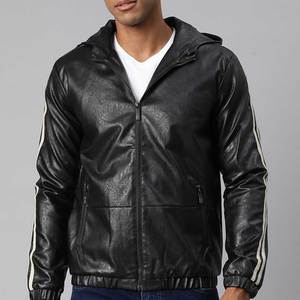 Chaqueta con Capucha de Cuero Sintético Negro para Hombre, Cierre de Cremallera, Corte Regular, Color Sólido, Estilo Motero, para Otoño - Product Image 1