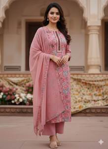 New Arrival <b>Floral</b> Print Rayon Slub Kurti <b>Trouser</b> And Dupatta Set S To XXL - Product Image 3