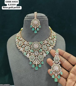 Elegant Rose Gold Finish <b>Floral</b> Cluster Statement Necklace Set Teardrop Tassel Bridal Wedding Jewelry Earrings And Mang Tika Set - Product Image 2