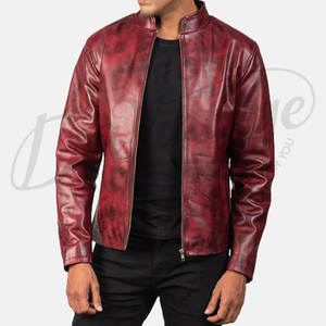 Chaqueta de cuero genuino rojo granate premium para hombre, estilo motero, corte ajustado, cuello alto, vintage, desgastada, para motocicleta y uso urbano - Product Image 3