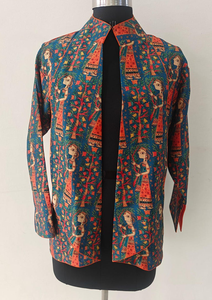 Chaqueta Kimono Ligera Tejida para Mujer con Estampado Madhubani, Seda Tusser, Color Azul Pavo Real y Naranja, Frente Abierto, Tela Satén - Product Image 2