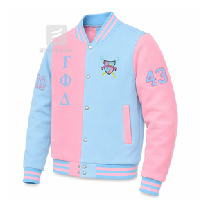 Chaqueta universitaria personalizada de la hermandad Gamma Phi Delta, azul cielo y rosa, manga larga, cuello con banda frontal, logotipo bordado, algodón. - Product Image 2