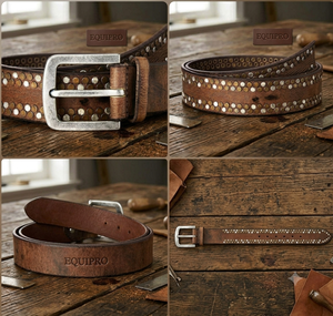 Cinturón de Cuero Marrón Equipro con Tachuelas Plateadas, Hebilla Rectangular, Diseño a Rayas, Ligero, Ecológico, Estilo Casual - Product Image 3