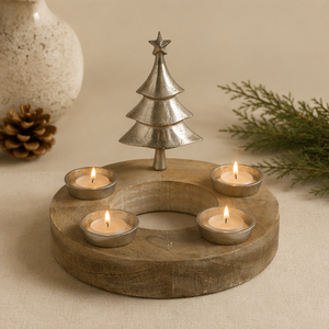 Handcrafted Mango Wood Advent Wreath With 4 Tealight Holders And Silver Metal Christmas Tree Sculpture Elegant Modern Holiday - Product Image 4