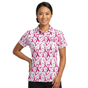 เสื้อโปโลชายพิมพ์ลายริบบิ้นสีชมพู แขนสั้น สวมใส่สบาย ผลิตจากโพลีเอสเตอร์ 100% ระบายอากาศได้ดี ดีไซน์โลโก้ด้านหน้า - Product Image 2