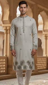 Ensemble Kurta Pyjama en Soie Pure pour Homme, Broderie Multicolore de Fils et Paillettes, Tenue Traditionnelle Ethnique pour Mariage et Fêtes - Product Image 3