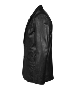 Blazer en cuir véritable noir pour homme, col rabattu, coupe ajustée, style décontracté chic - Product Image 3