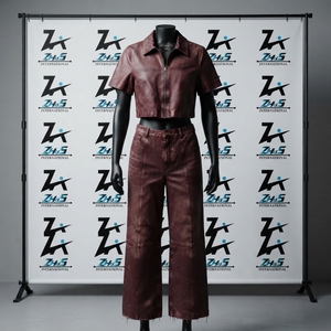 Manufacturer Clothing Wholesale PU Leather Crop Top & Wide Leg Pants <b>Burgundy</b> Faux Leather Two Piece Vintage Tracksuit Set - Product Image 1