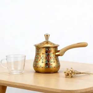 Gold Printed Turkish <b>Coffee</b> Pot Cezve Floral Patterned <b>Stovetop</b> Ibrik <b>Coffee</b> <b>Maker</b> with Lid and Light Wooden Handle for Cafe - Product Image 1