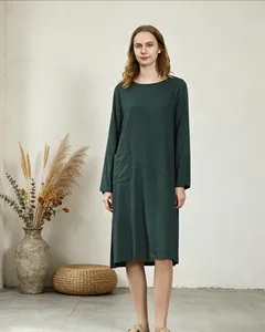 Vestido Midi de Lino y Algodón Verde para Mujer, Cuello Redondo, Manga Larga, Estilo Boho, Holgado, con Bolsillos, para Uso Diario Informal de Otoño - Product Image 1