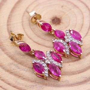 Handmade Women's Geometric Drop <b>Dangle</b> <b>Earrings</b> 14k Solid Yellow Gold Natural Ruby <b>Diamond</b> Gemstone Classic Engagement Wedding - Product Image 4