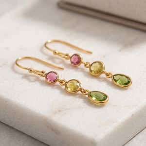 Boucles d'oreilles pendantes de luxe en argent sterling 925 plaqué or avec tourmaline multicolore pour femme, cadeau de mariage ou de fête - Product Image 2