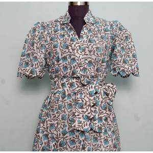 Vestido Midi de Verano con Estampado Floral de Diseño Vintage, Manga Corta, Informal, de Algodón, con Cinturón, para Mujer, Venta al por Mayor y Fabricación - Product Image 4