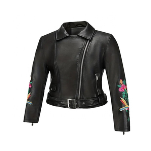 Top Selling Women's Black PU <b>Leather</b> Moto <b>Jacket</b> With Floral Embroidery Full Sleeve Turn-down Collar Zipper Closure Short Length - Product Image 4