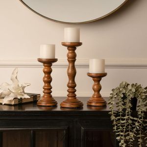 Portavelas de Madera Natural, Juego de Portavelas con Forma de Columna, Diseño Cónico, Acabado Natural, Decoración para el Hogar - Product Image 1