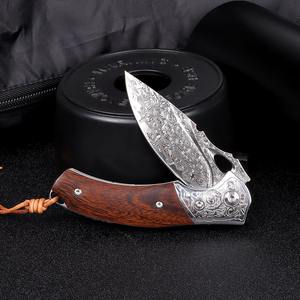 Couteau de poche pliant artisanal haut de gamme en acier Damas avec manche Olneya Tesota et étui en cuir - Product Image 6