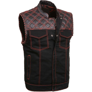 Samroz Sports <b>Mens</b> Wrecker Club <b>Vest</b> Casual Outerwear Breathable Winter Design <b>Black</b> Denim Leather Diamond Quilt Red - Product Image 1