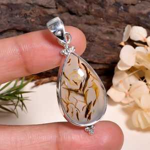 Colgante de Ágata Dendrítica Natural con Bisel de Oro Vintage en Plata de Ley 925, Elegante Collar de Piedra Preciosa para Compromiso - Product Image 6
