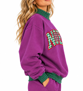 <b>Women's</b> Purple <b>Christmas</b> <b>Sweatshirt</b> Green Plaid Noel Applique Drop Shoulder Crew Neck Pullover - Product Image 2