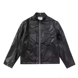 Veste de moto en cuir véritable pour homme, col montant, fermeture éclair, coupe ajustée, style motard - Product Image 6