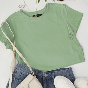 Women's <b>Green</b> Solid Color O-Neck Short Sleeve <b>Crop</b> <b>Top</b> Casual Style Breathable Garment Dyed 100% Cotton All Season Knitted - Product Image 3