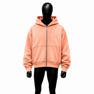 Sudadera con capucha extragrande con cremallera completa, color melocotón, de tejido texturizado en relieve, de gramaje alto, estilo streetwear, con mangas desgastadas, casual, unisex - Product Image 1