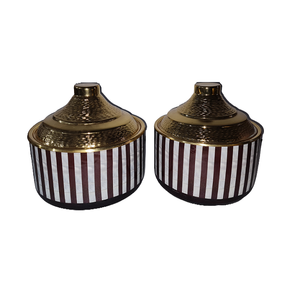 Round Shape Food <b>Serving</b> Hot Pot <b>Set</b> Of 2 With Gold Metal Lid Deluxe Quality Wooden And Mop Work Casserole <b>Dish</b> - Product Image 1