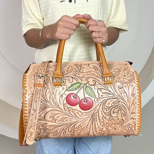 Hot Selling Cherry Design Tooled Leather Duffel <b>Bag</b> Luxury Travel Weekender With Zipper Closure Durable <b>Overnight</b> Luggage <b>Bags</b> - Product Image 4