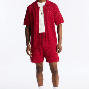 Ensemble polo et short en tricot pour homme, couleur rouge unie, tenue décontractée en deux pièces, tricot respirant en coton - Product Image 1