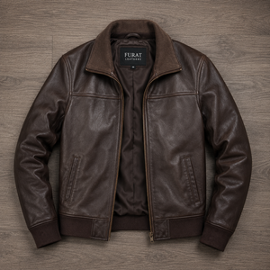 Veste Moto Décontractée Homme FURAT en Cuir Véritable Noir Imperméable, Col Montant, Fermeture Éclair, Coupe Droite, Style Hiver - Product Image 1