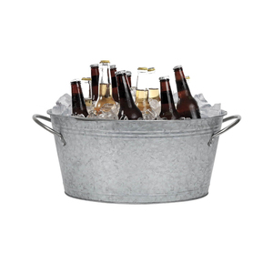 Seau à glace ovale galvanisé en gros avec poignées, bac à boissons en métal rustique pour fêtes, bière, vin, champagne, fournitures de refroidissement - Product Image 1