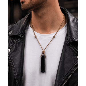 Natural Obsidian Crystal Unshaped Pendant Necklace with Adjustable <b>Rope</b> <b>Chain</b> for Men and Boys - Product Image 1