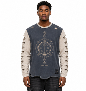 T-shirt à manches longues déchiré personnalisé, surdimensionné, effet usé, bicolore, streetwear, pour homme - Product Image 1