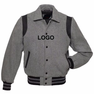 Chaqueta Varsity Gris para Hombre, Lana y Poliéster, Cuello Camisero, Corte Regular, Otoño, Casual, Cierre de Botones, Color Sólido - Product Image 1