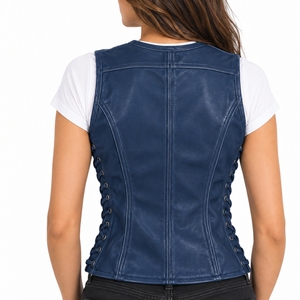 <b>Women</b>’s Leather <b>Vest</b> Jacket Sleeveless Style Front Zipper Moto Front zipper leather <b>vest</b> Stand collar leather jacket - Product Image 2
