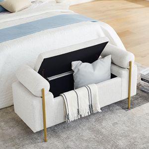 Elegante Panca Contenitore in Lino Bianco con Braccioli Cilindrici e Gambe in Ferro per Ingresso, Soggiorno o Camera da Letto - Product Image 4