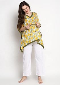 Bonito caftán amarillo para mujer, estampado a mano, diseño Floral, hasta el suelo, adornos verdes naturales para la temporada de primavera - Product Image 2