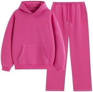 Ensemble sweat à capuche et pantalon en molleton respirant surdimensionné pour femme, couleur unie, en coton tricoté, style décontracté pour l'hiver - Product Image 4