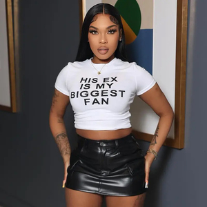 Crop top noir Y2K pour femme, imprimé « My Ex Is My Biggest Fan », décontracté, à manches courtes, coupe ajustée, col rond, en jersey, printemps-été - Product Image 6