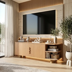 Soporte de TV Minimalista Hecho a Mano de Madera de Pino con Estantes Abiertos, Diseño Moderno, Montaje en Suelo para Sala de Estar, Compatible con Televisores de 65 Pulgadas o Más - Product Image 2
