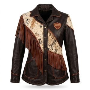 Asymmetric Diagonal Panel <b>Womens</b> Western <b>Leather</b> <b>Jacket</b> Lapel Collar Cowhide Hair On Hide <b>Brown</b> Fringe Country Outerwear - Product Image 1
