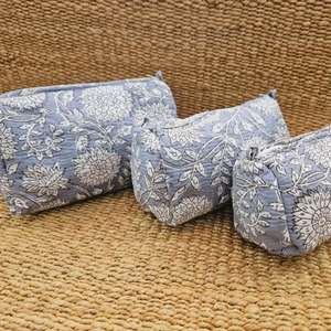 Block Printed Toiletry Makeup Pouch Set Quilted Cotton Zipper Bags with Tassel Accents for Travel Personal Care Storage - Product Image 4