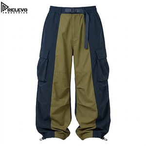 High Quality OEM Custom Men Split Two-Tone Canvas Cargo Pants, Wholesale Navy Blue Olive Green Colorblock <b>Elastic</b> Waist <b>Belted</b> - Product Image 1