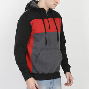 <b>Men's</b> Premium Tri-Tone Streetwear Hoodie | Red Black & Charcoal <b>Quarter</b>-<b>Zip</b> Jacket | Urban Athletic Gym Training Hooded Outfit - Product Image 2