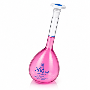 Fiole volumétrique de classe A 200 ml en verre borosilicaté, norme USP, avec graduation bleue et bouchon PE, verrerie de laboratoire - Product Image 6